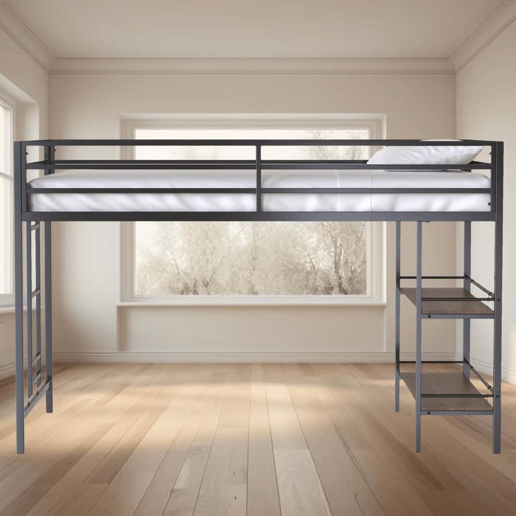 Sturdy Junior Twin Size Loft Platform Bed Frame with Cinnamon Wood Shelf and Easy Climbing Ladder, Space-Saving Design