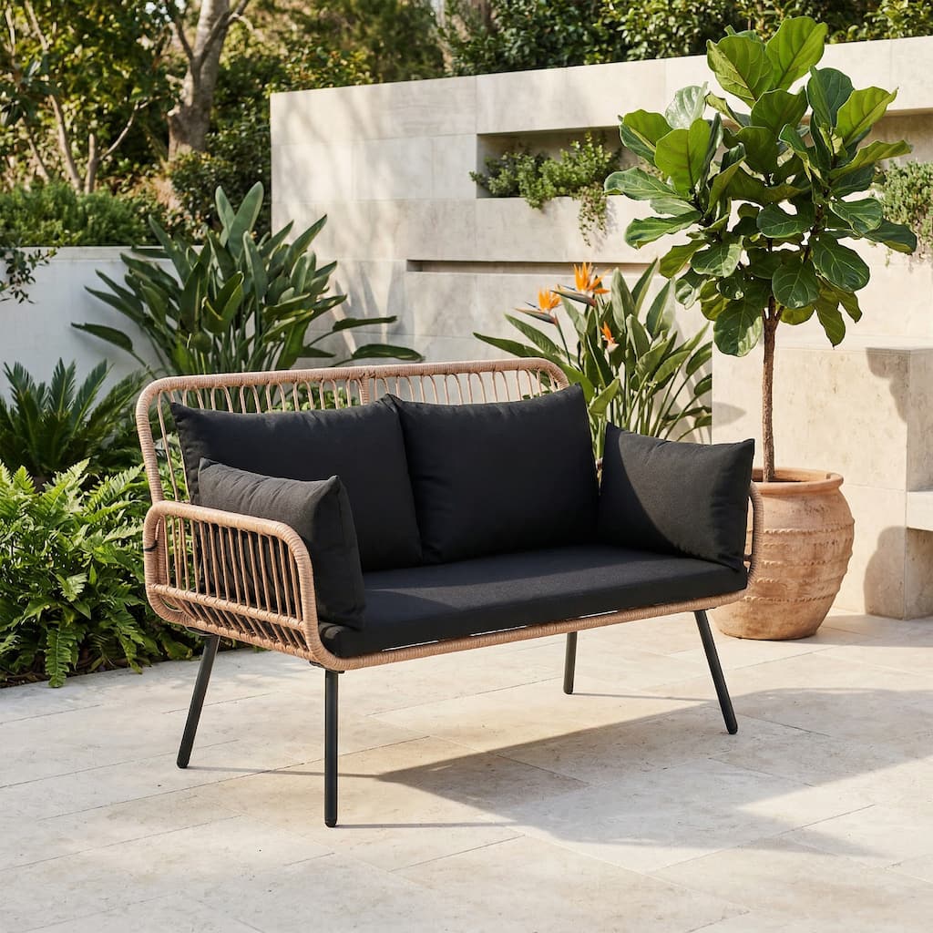 Outdoor Wicker Double Chair with Cushions Conversation Furniture Set