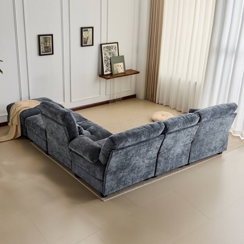 119" Chenille Sectional Sofa with 2 Ottomans and 4 Pillows, Adjustable Backrests