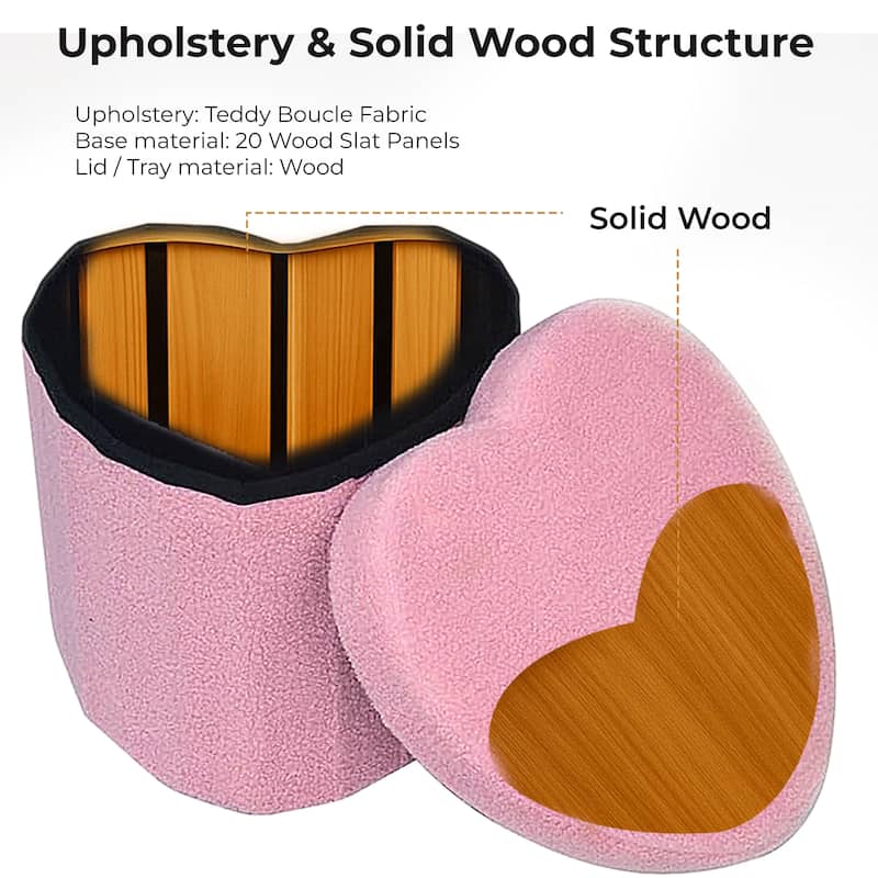 Pink Heart Soft Teddy Boucle Storage Ottoman Foot Stool with Tray Lid