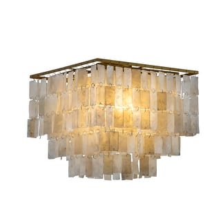 3-Light Coastal Natural Capiz Shell Tiered Flush Mount Ceiling Light With Square Antique Gold Frame - W 15.7"