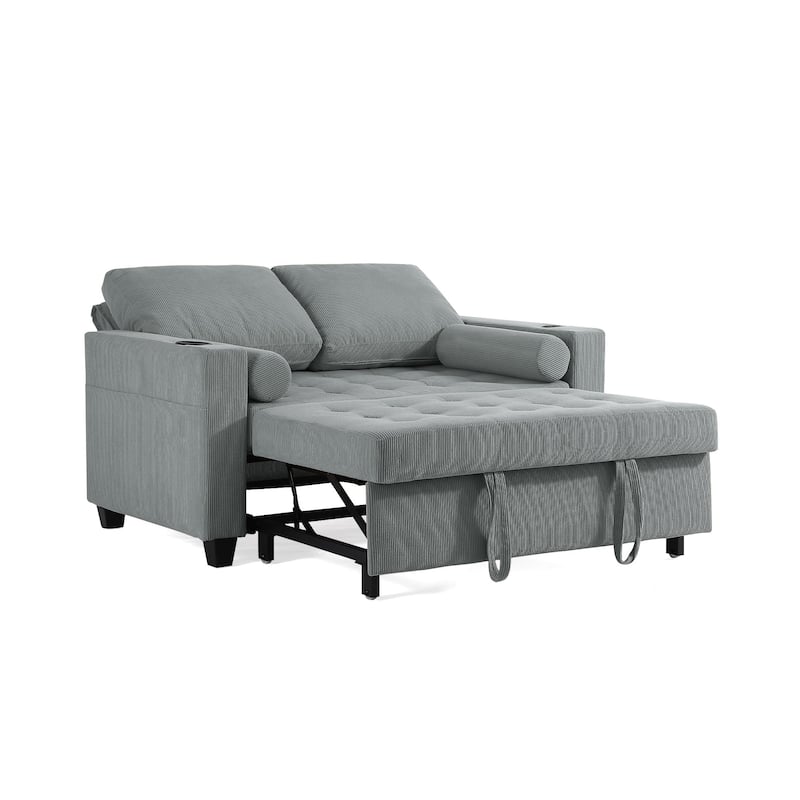 2 Set Corduroy Convertible Sleeper Sofa Bed Loveseats with Cup Holder, USB Ports & Storage