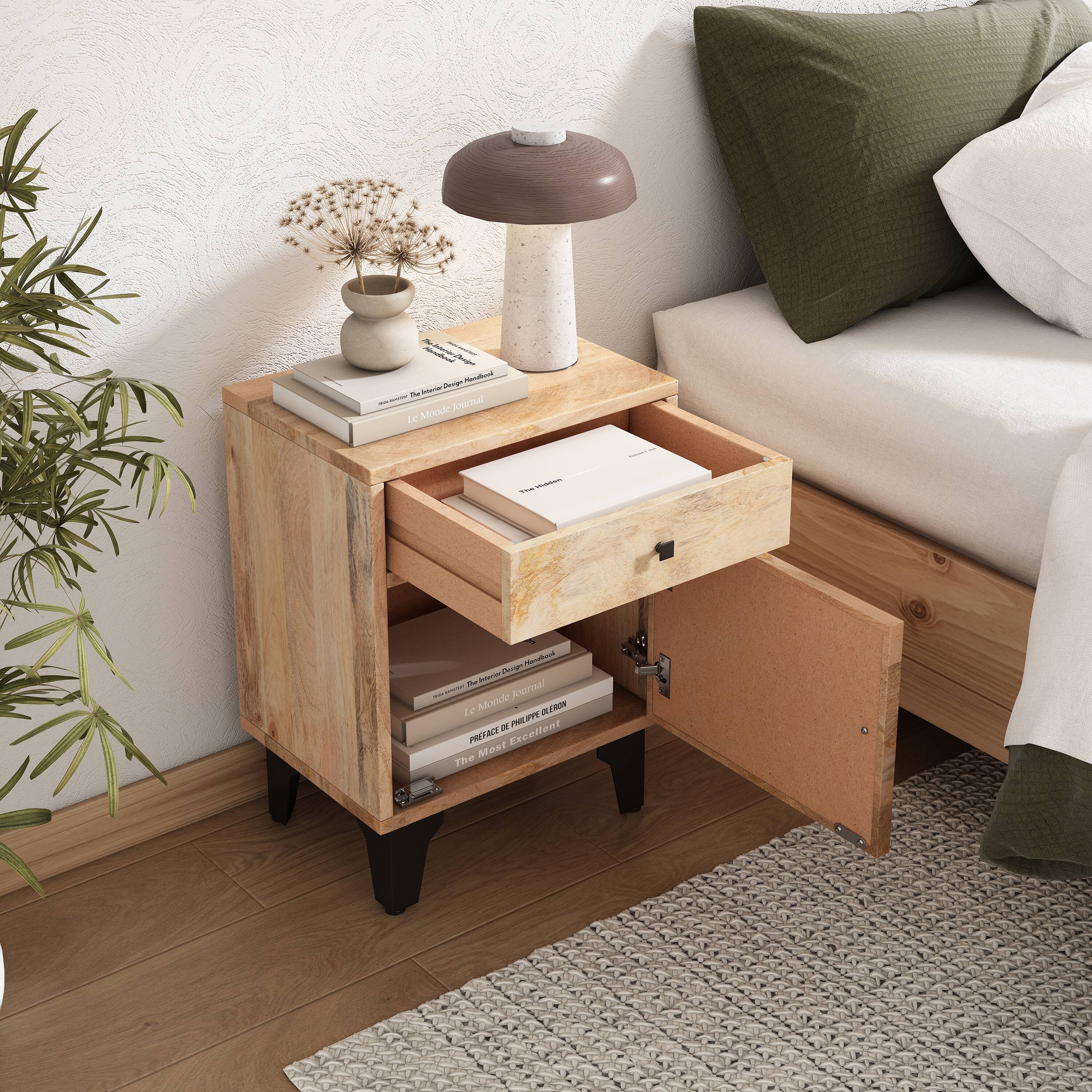 Solid Wood Nightstand with Drawer & Door, Natural Mango Wood End Table
