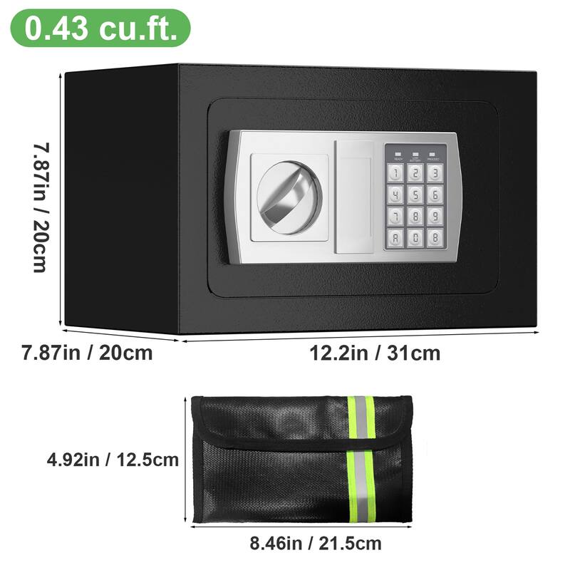 0.43 Cu Personal Safety Box, Small Fireproof Safes for Home with Fireproof Bag for Money Jewelry, Digital Security Safe