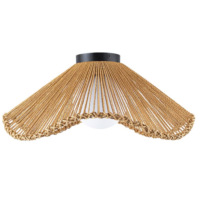 1-Light Boho Jute Rope Flush Mount Ceiling Light - Scalloped Natural Fiber Fixture for Bedroom - 1 Light