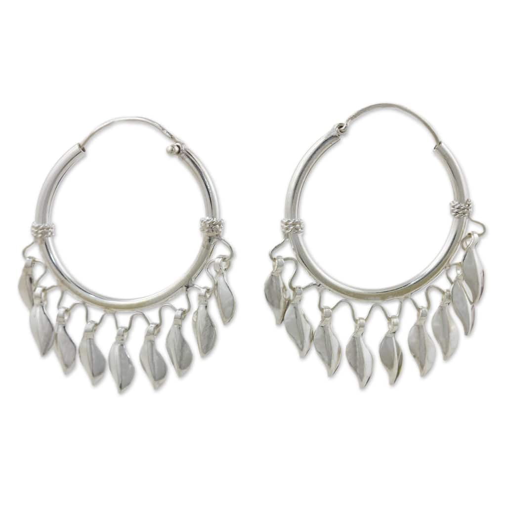 Novica Handmade Leaves In The Wind Sterling Silver Hoop Earrings