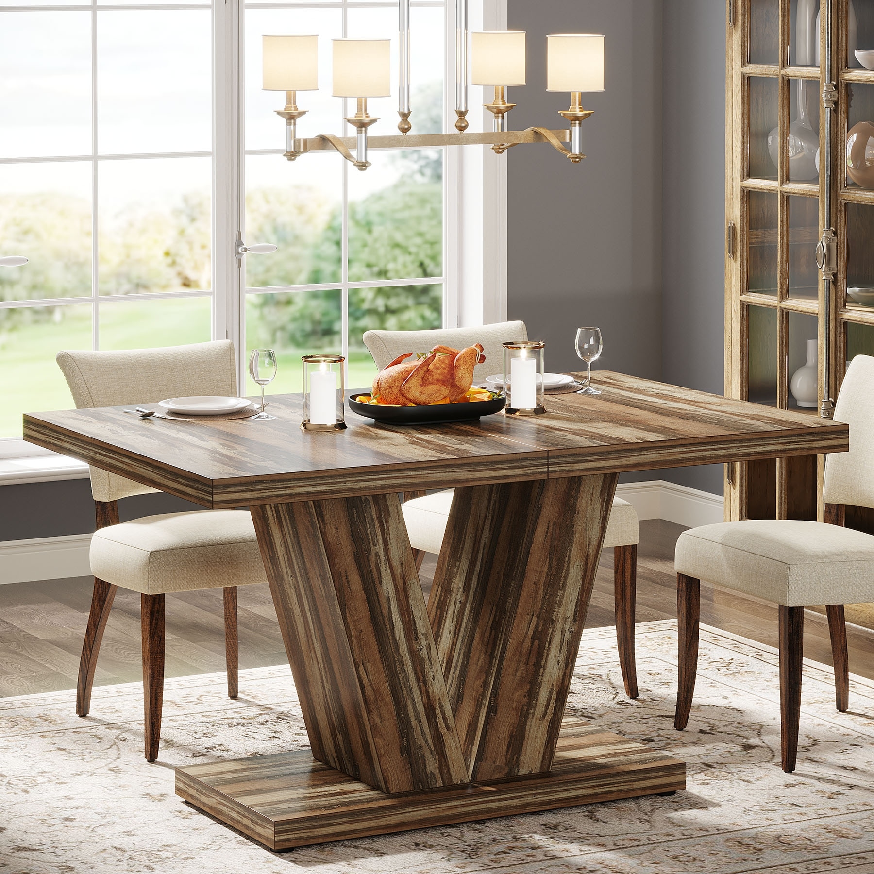 47-Inch Farmhouse Wood Small Dining Table for 4 with Heavy Duty Pedestal