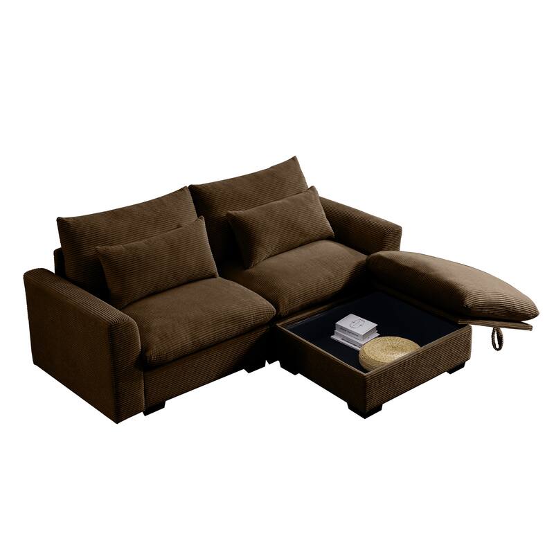 Multifunctional Loveseat Set with Storage Ottoman, Modern Sectional Sofa Corduroy Upholstered Couch with Pillows