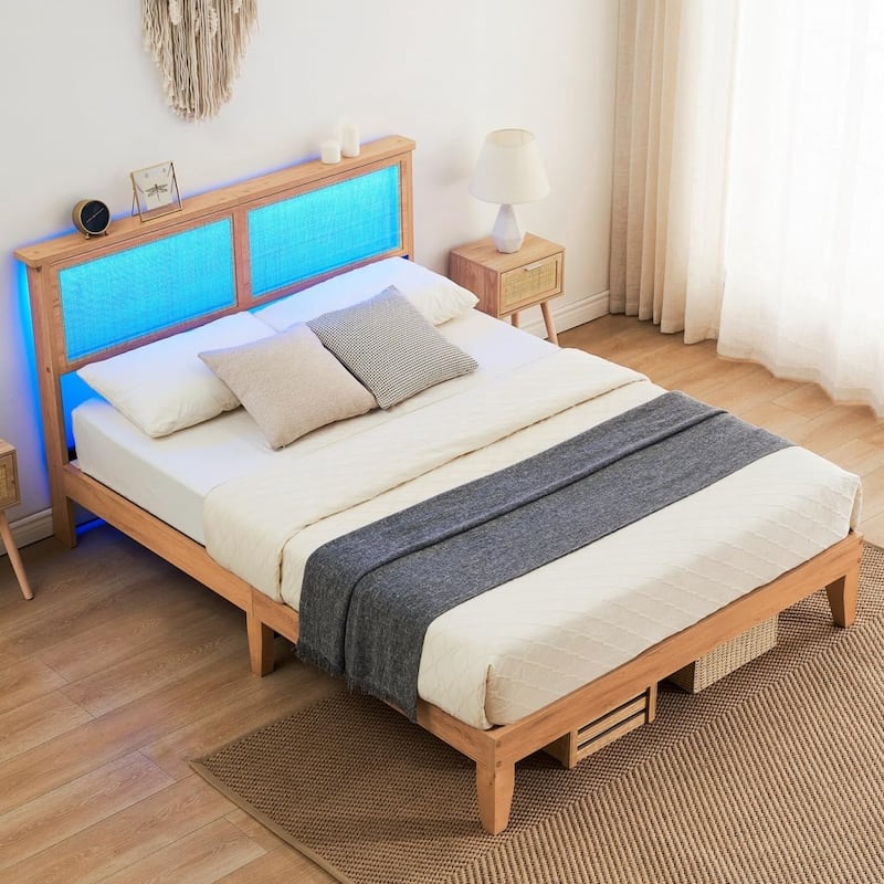 Modern Wooden Platform Bed Frame With Square Natural Rattan Headboard And LED Lights - Full