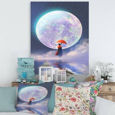 Designart "Woman With Umbrella Standing On Water Against Moon" Traditional Canvas Wall Art Print