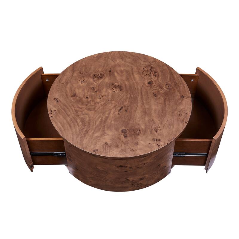28.4" Burl Wood Rotating Coffee Table with 2 Drawers - 360° Swivel Top in Walnut Finish