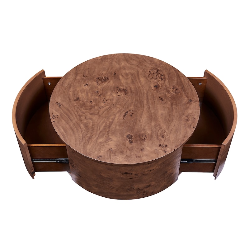 Burl Wood Rotating Coffee Table with 2 Drawers, 360° Rotating Top, Walnut, 28.4"