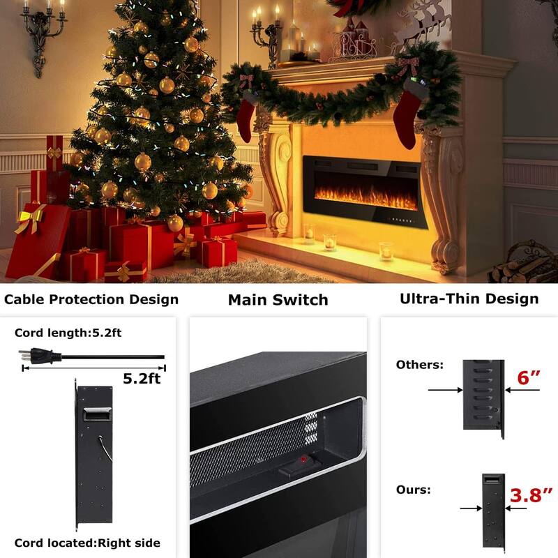 Bossin 30 to 72 inch Electric Fireplace Ultra-Thin and Silence Linear Recessed Wall Mounted Fireplace with Remote Control