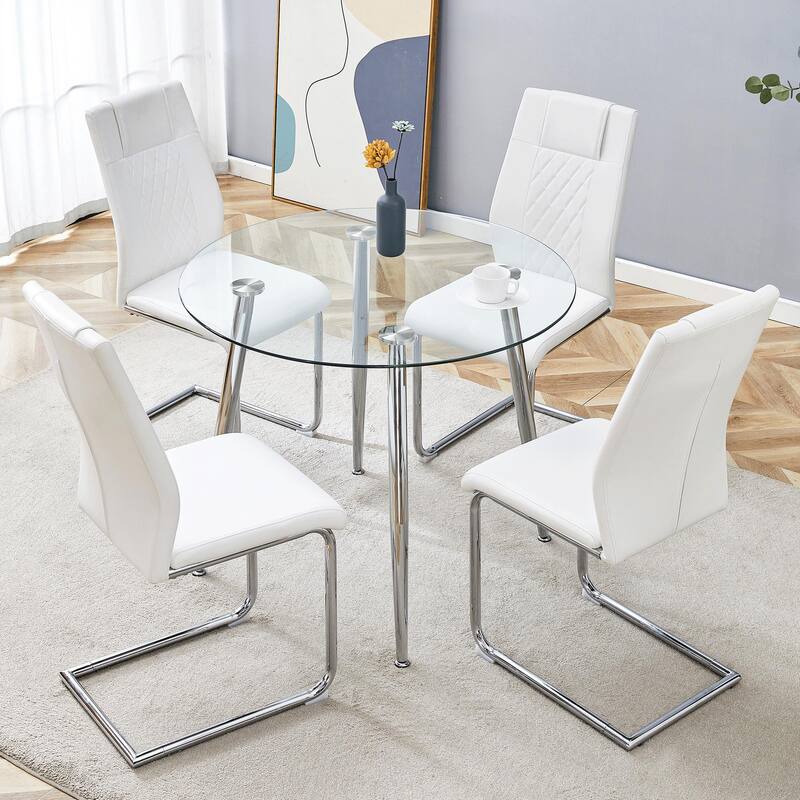 5-Piece 36" Round Glass Dining Table Set, Tempered Glass Table with Metal Legs and 4 PU Leather Chairs for Kitchen, Dining Room
