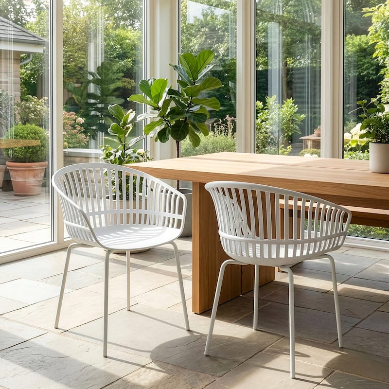 Set of 2 Barras White Plastic Dining Chair with White Iron Legs