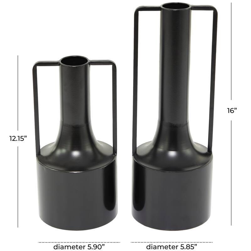 Black Metal Decorative Vase with Handles (Set of 2) - 16", 12"H