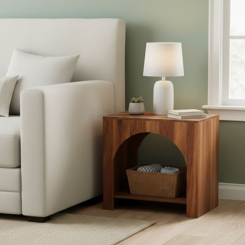 Farmhouse Side Table with Storage, Large Wooden Pedestal End Table - Brown - 1 Pack