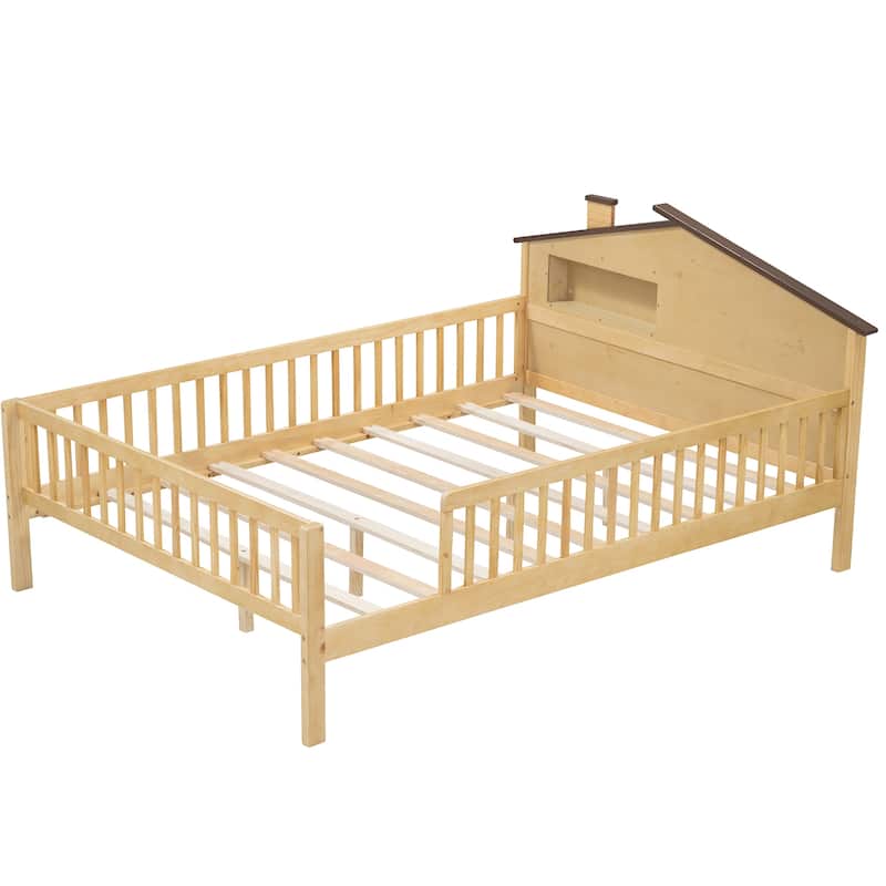 Wood Platform Bed with House-shaped Headboard, LED and Built-in Storage