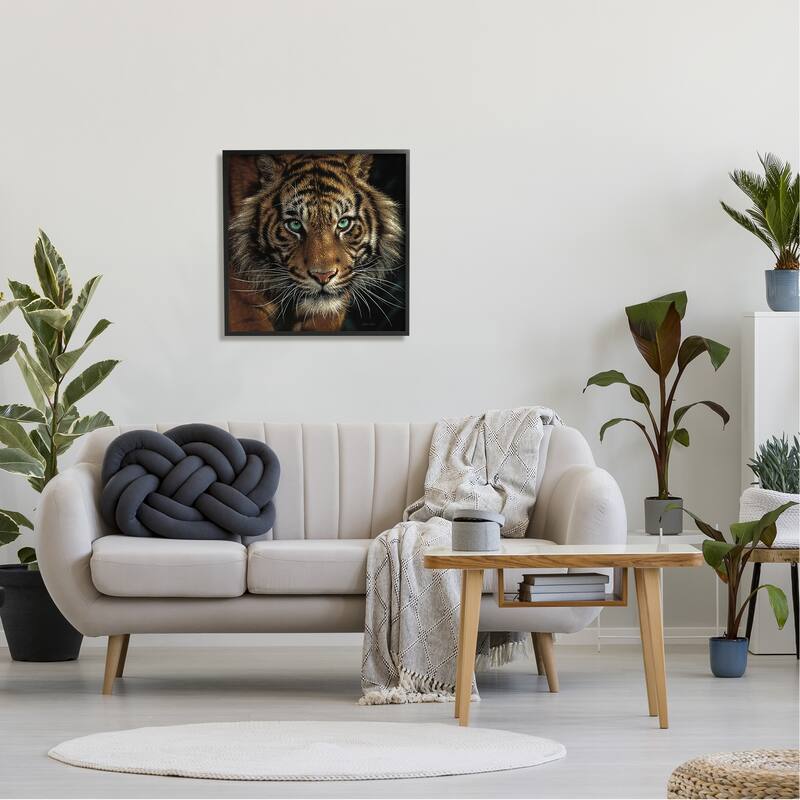 Stupell Fierce Wild Tiger Crouching Green Eyes Detailed Portrait Framed Wall Art - Black - 24 x 24 - Black