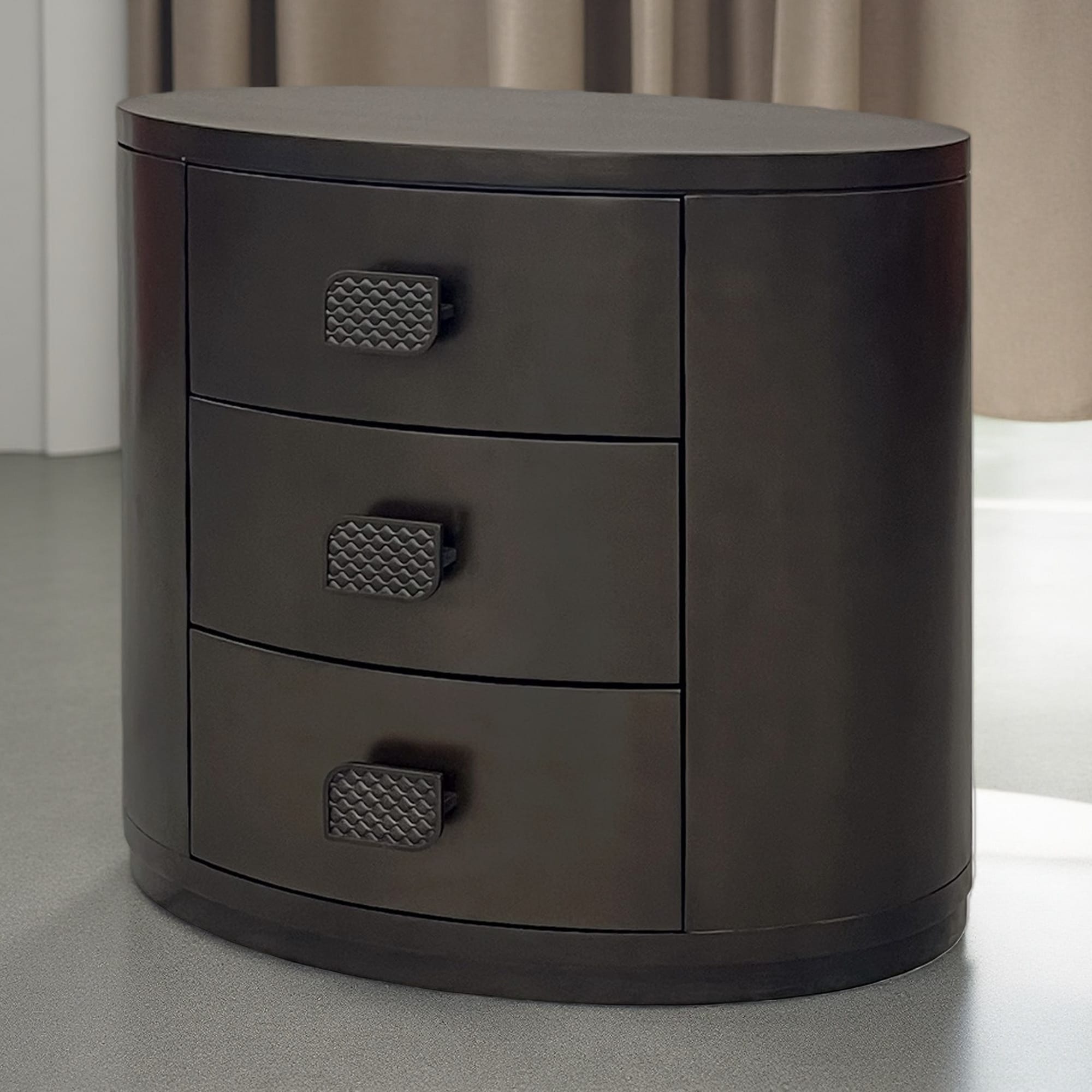 28"L 3-Drawer Oval Nightstand in Eucalyptus Veneer with Soft-Close Drawers, Felt-Lined Storage & Built-In USB Charging Bedroom