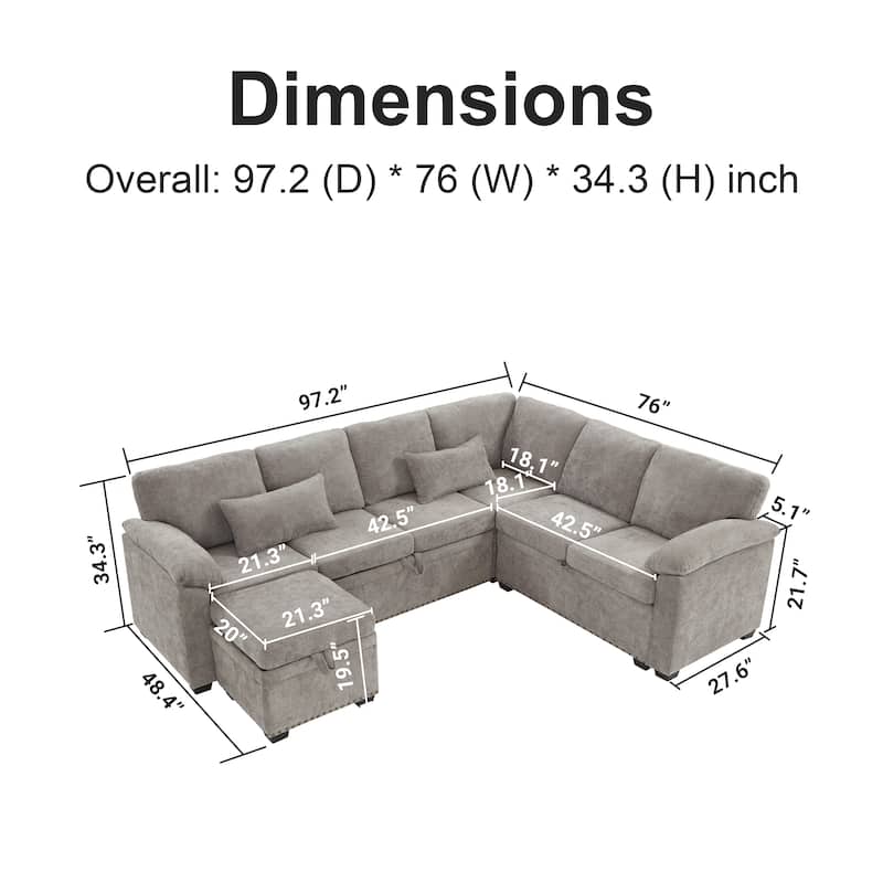 Corner Sectional Sofa with Pull Out Chaise Lounge and Pillow Top Arms, Chenille Sleeper Couch with Storage Seat and Ottoman