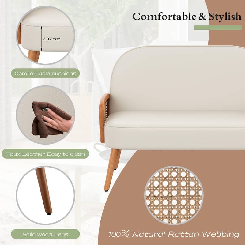 Loveseat Sofa Small Couch for Living Room, Faux Leather Mini Couch Love Seat with Natural Rattan Armrest and Solid Wooden Legs