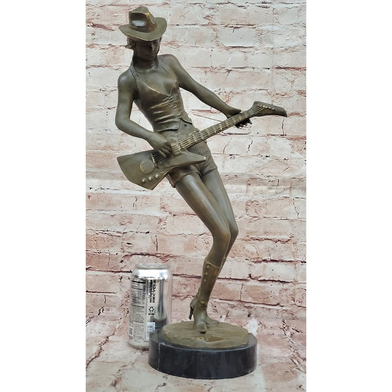 Rock And Roll Girl Guitarist Bronze Sculpture On Base