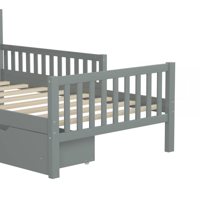 Twin Size Wood Platform Bed with Guardrails on Both Sides