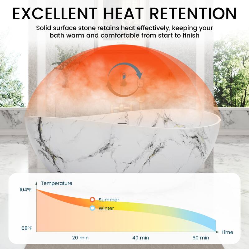 63 in. x 37 in. Solid Surface Freestanding Soaking Bathtub in Matte White with Italian Snowflake Marble Pattern, Center Drain