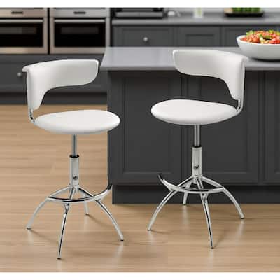 HomeRoots Set of Two White and Silver Metal and Faux Leather Low Back Adjustable Height Bar Chairs