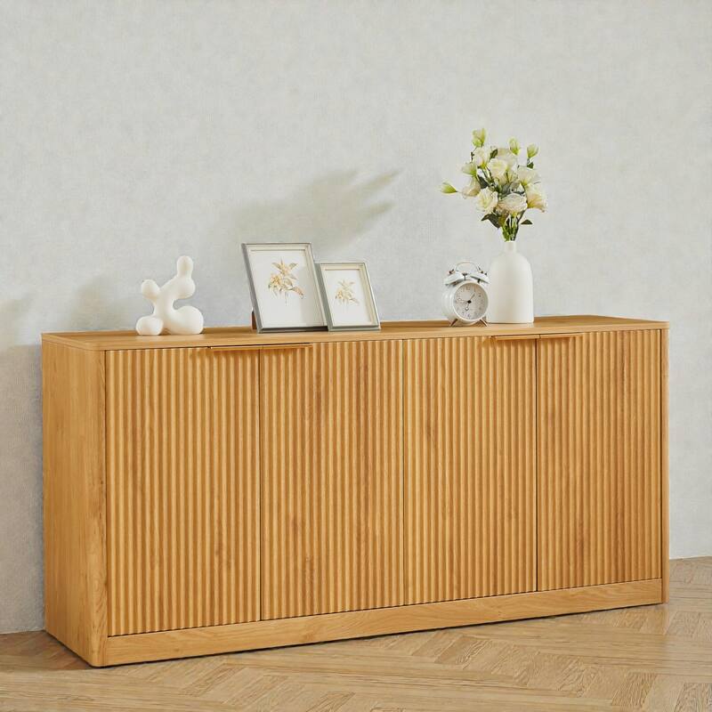 59'' Modern Wavy Sideboard, Natural Curved Storage Cabinet with 4 Doors for Living Room, Dining Room, Kitchen or Bedroom - Natural