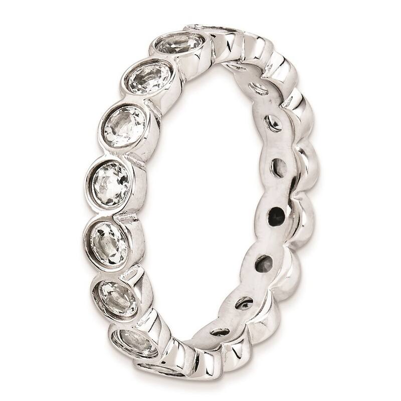 Curata 925 Sterling Silver Bezel Polished Patterned Stackable Expressions White Topaz Ring