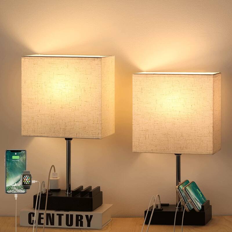 Set of 2 Bedside Lamps with Bulbs - Beige