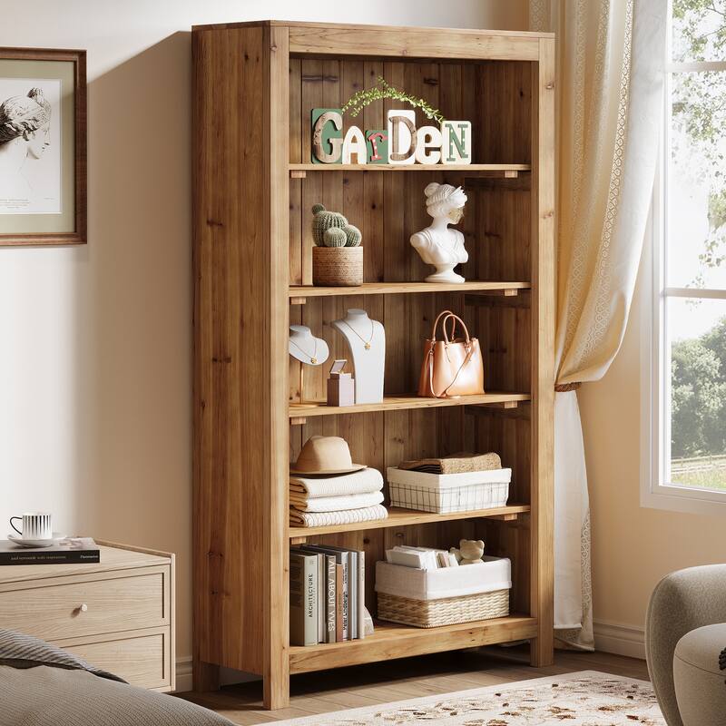 5-Tier Tall Solid Wood Bookcase, Heavy Duty Floor Large Bookshelf