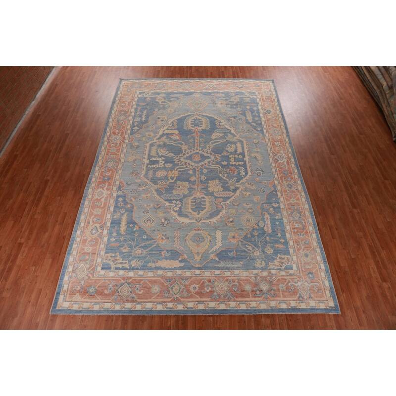Hand Knotted Oriental 100% Wool Carpet Transitional Medallion Navy Blue & Blues Oushak Area Rug - 14' 6'' X 10' 0''