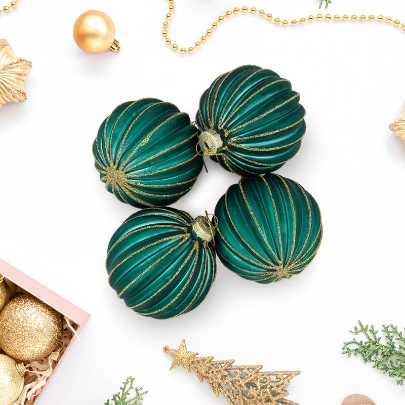 Glitter Ribbed Lined Glass Christmas Ball Ornaments - 3" (80mm) - Green and Gold - 4ct