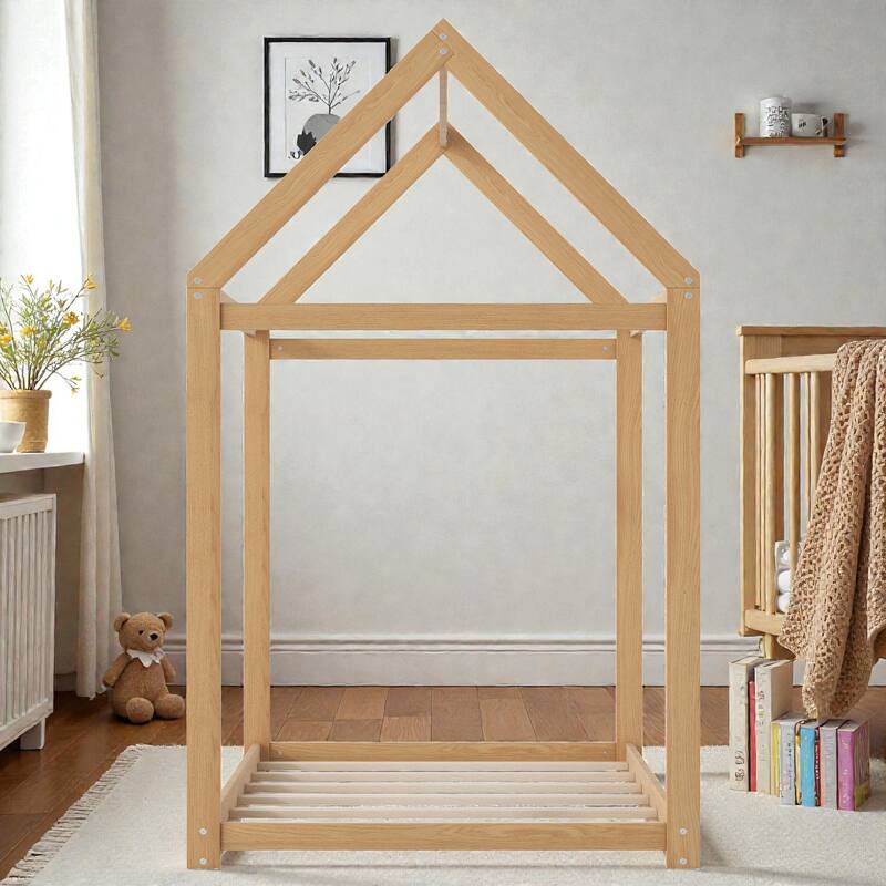 Twin Size Wooden House Bed Frame for Kids, Pine Wood Playhouse Bed with Roof Design, No Box Spring Needed