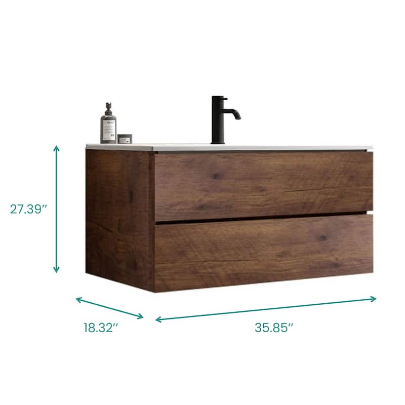 GDFStudio - Tia Wall-Mounted Bathroom Vanity with Ceramic Sink, Soft Close Drawers & U-Shaped Drainage