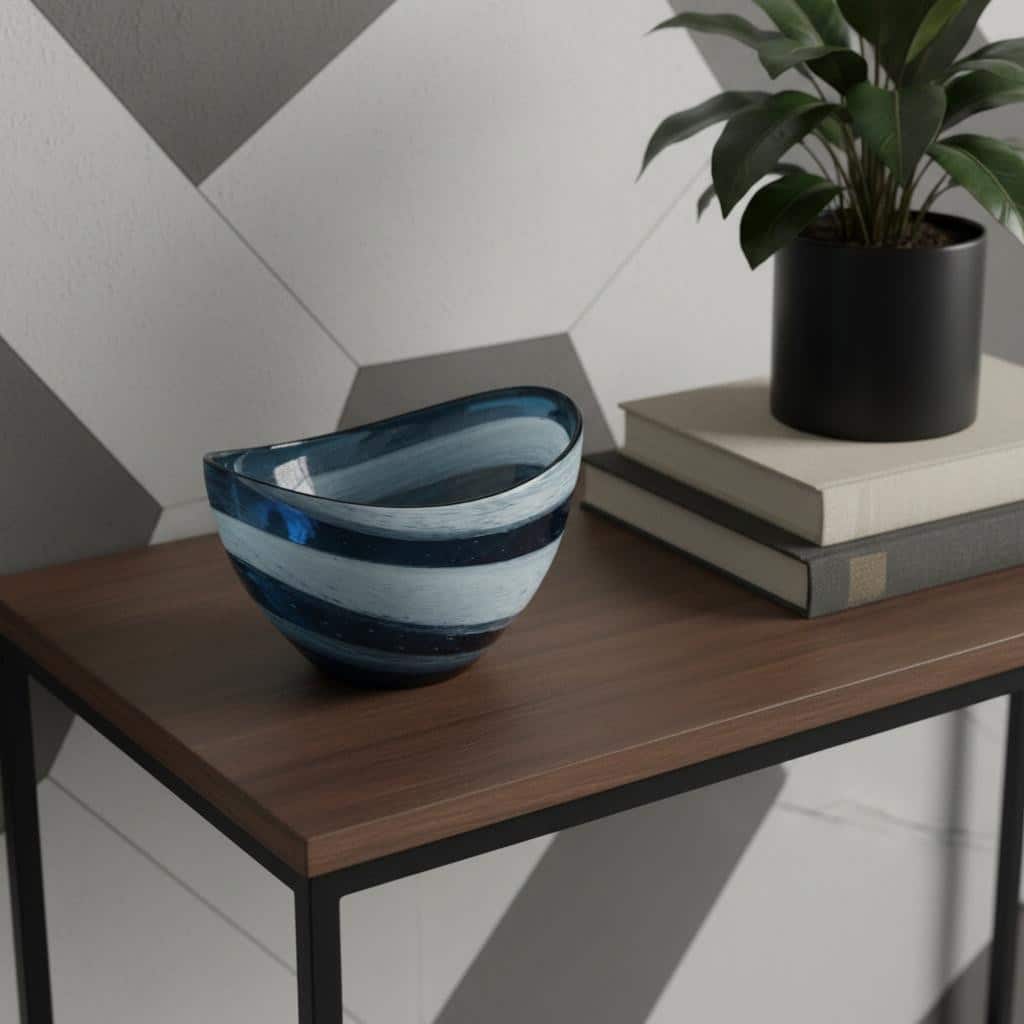 HomeRoots 12" Blue And White Glass Swirl Stripe Oval Centerpiece Bowl - 11.80 in. x 6.30 in. x 8.70 in.