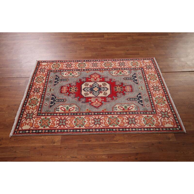 Gray Kazak Foyer Rug Hand-Knotted Wool Carpet - 3'2" x 5'0"