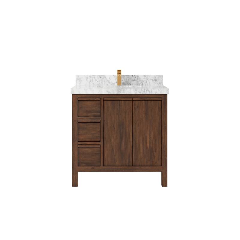 Willow Collections 36 in. W x 22 in. D Elizabeth Solid Teak Wood Center Sink Bathroom Vanity with Countertop - 2" Carrara Marble - Dark Walnut