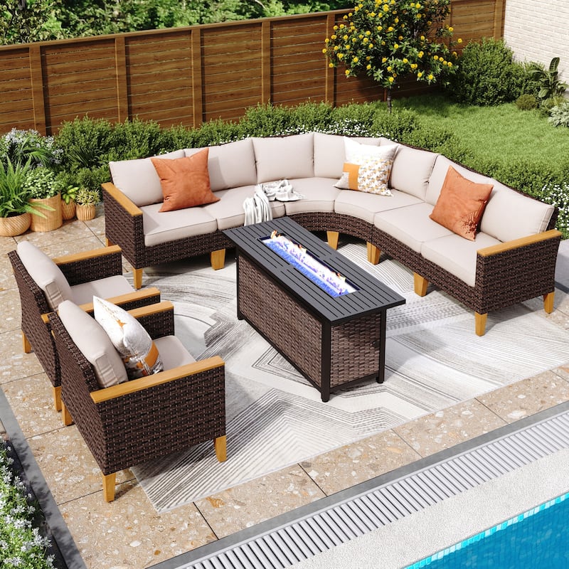 6-11 Piece Patio Outdoor Wicker Sectional Sofa Half-Moon Furniture Set Large Seating Conversation Sets with Fire Pit Table - 8 Seats - Beige