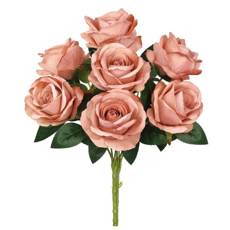 Set of 2 Dusty Rose Artificial Velvet Rose Flower Stem Bush Bouquet 16in - 16" L x 11" W x 11" DP