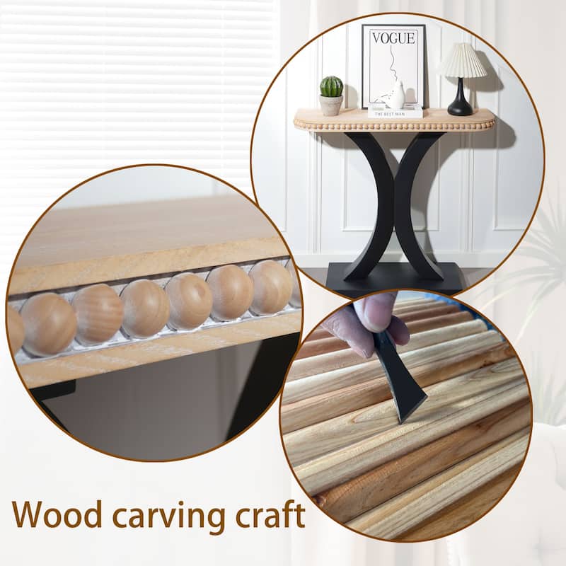 Elegant Half-Moon Console Table with Bead Trim, Versatile Wood Entryway Table with Natural Rounded Tabletop and Black Base