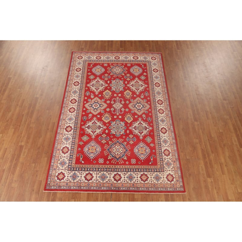 Red Kazak Area Rug Handmade Geometric Wool Carpet - 7'2"x 10'0"