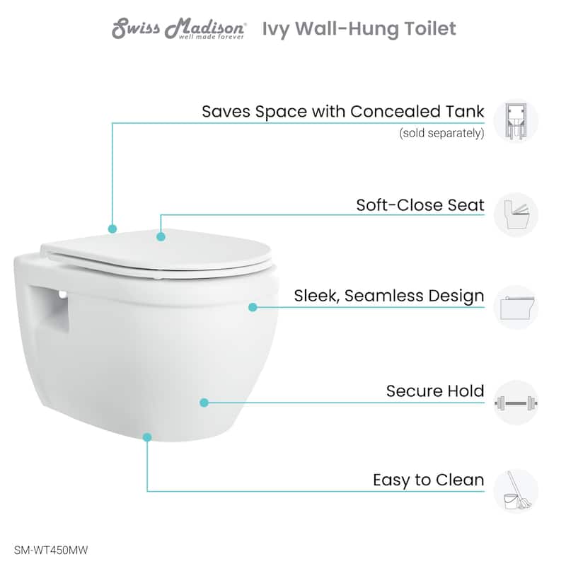 Swiss Madison Ivy Wall Mounted Elongated Toilet Bowl Only - Seat