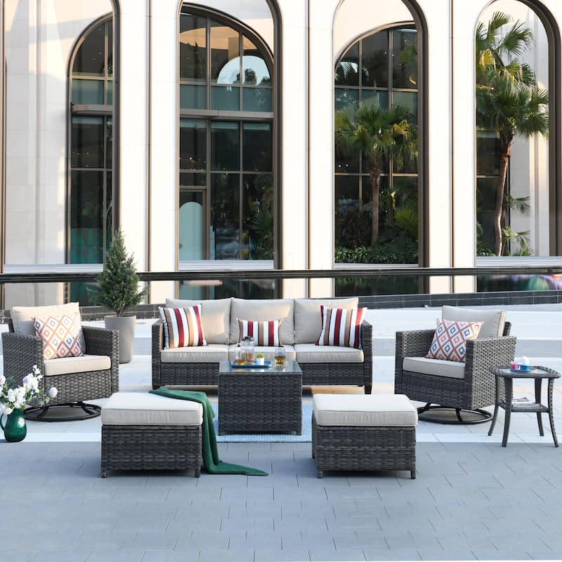 OVIOS 7-piece Patio Furniture Wicker Set with Swivel Rocking Chairs - Beige