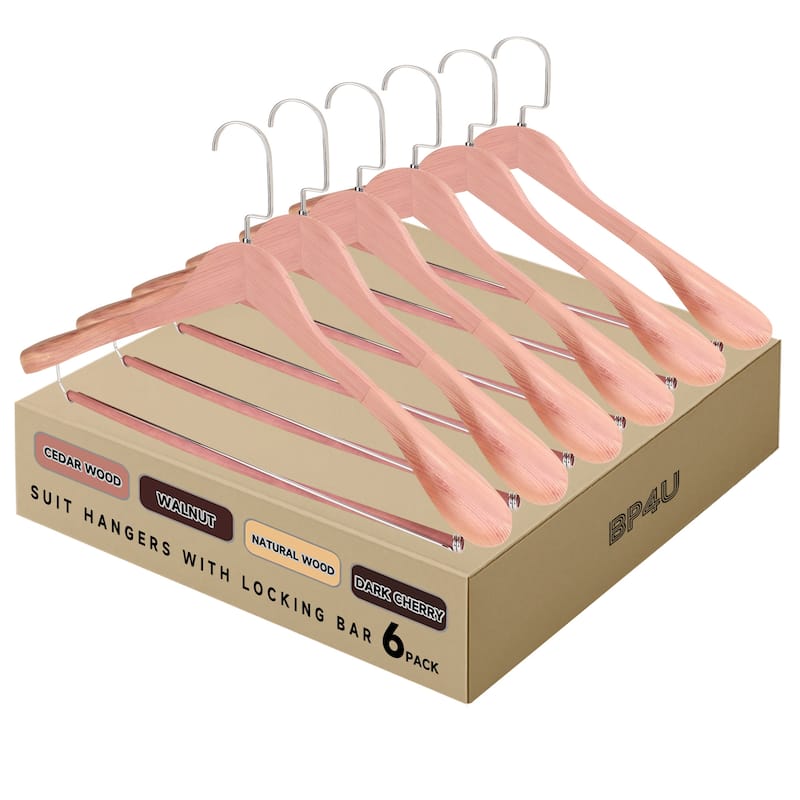 BP4U Premium Wide Shoulder Wooden Suit Hangers, Heavy-Duty Non-Slip Solid Wood Coat Hangers with Locking Bar - 6-Pack - Cedar Wood