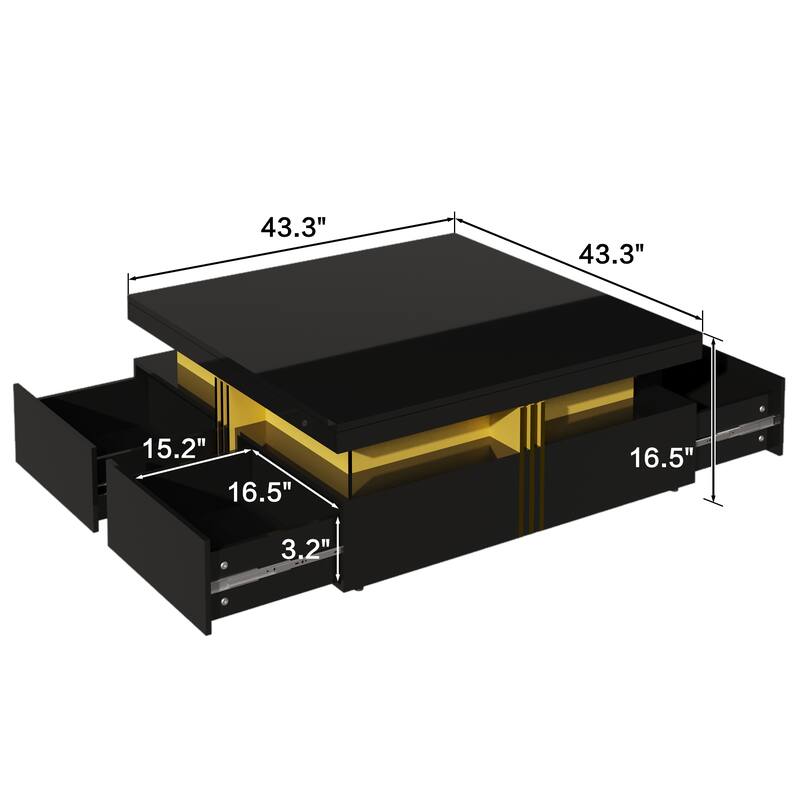 43.3" Modern Glossy Square Coffee Table with 4 Storage Drawers, High Gloss MDF Center Table for Living Room