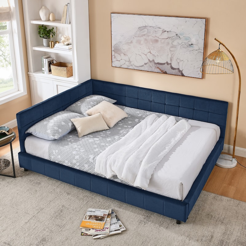 Full Size Daybed Grounded Bed Velvet Upholstered Tufted Bed Frame with L-shaped Backrest & Armrests for Livingroom or Bedroom - Dark Blue - Queen